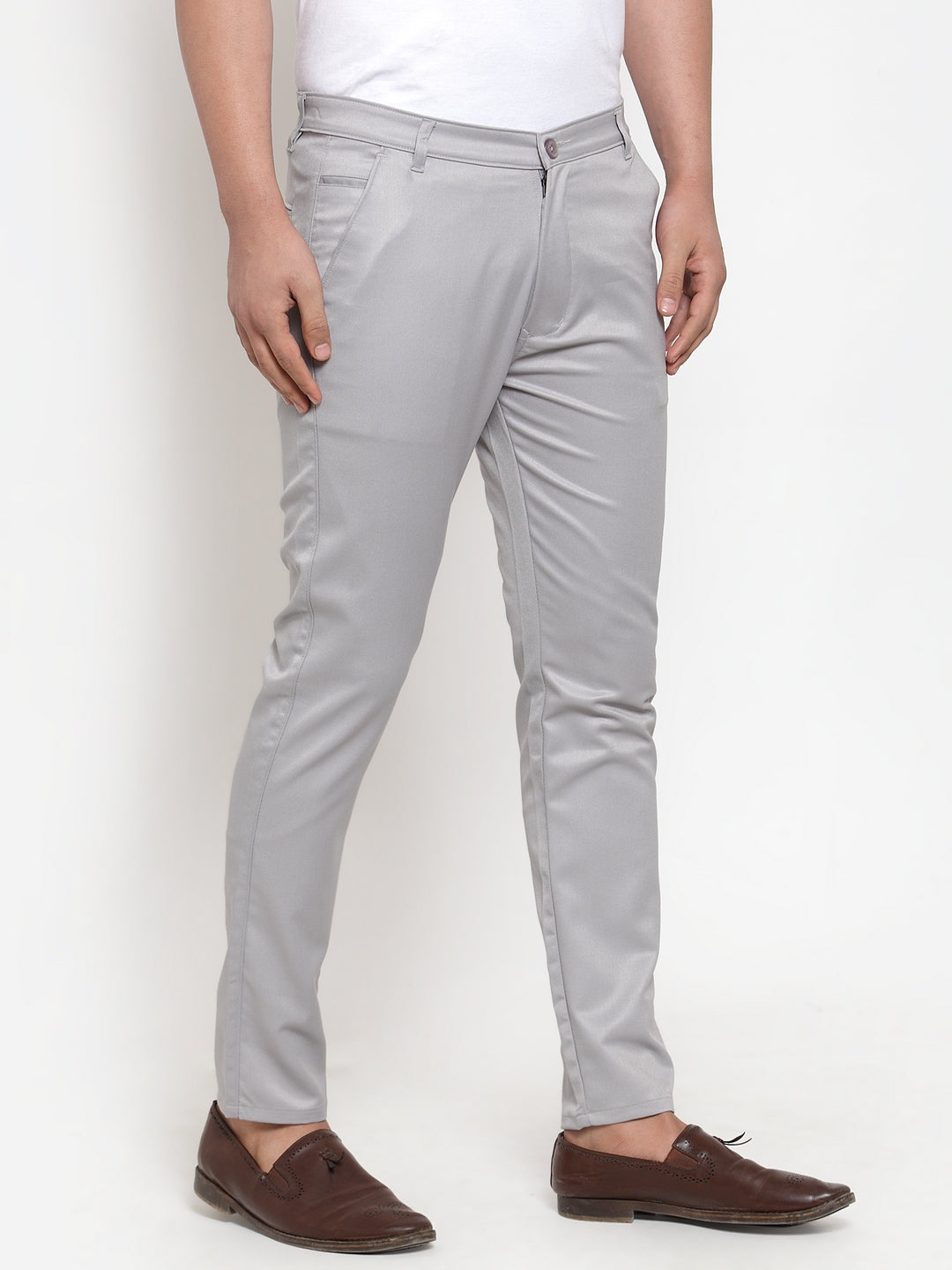 Indian Needle Men's Grey Solid Formal Trousers