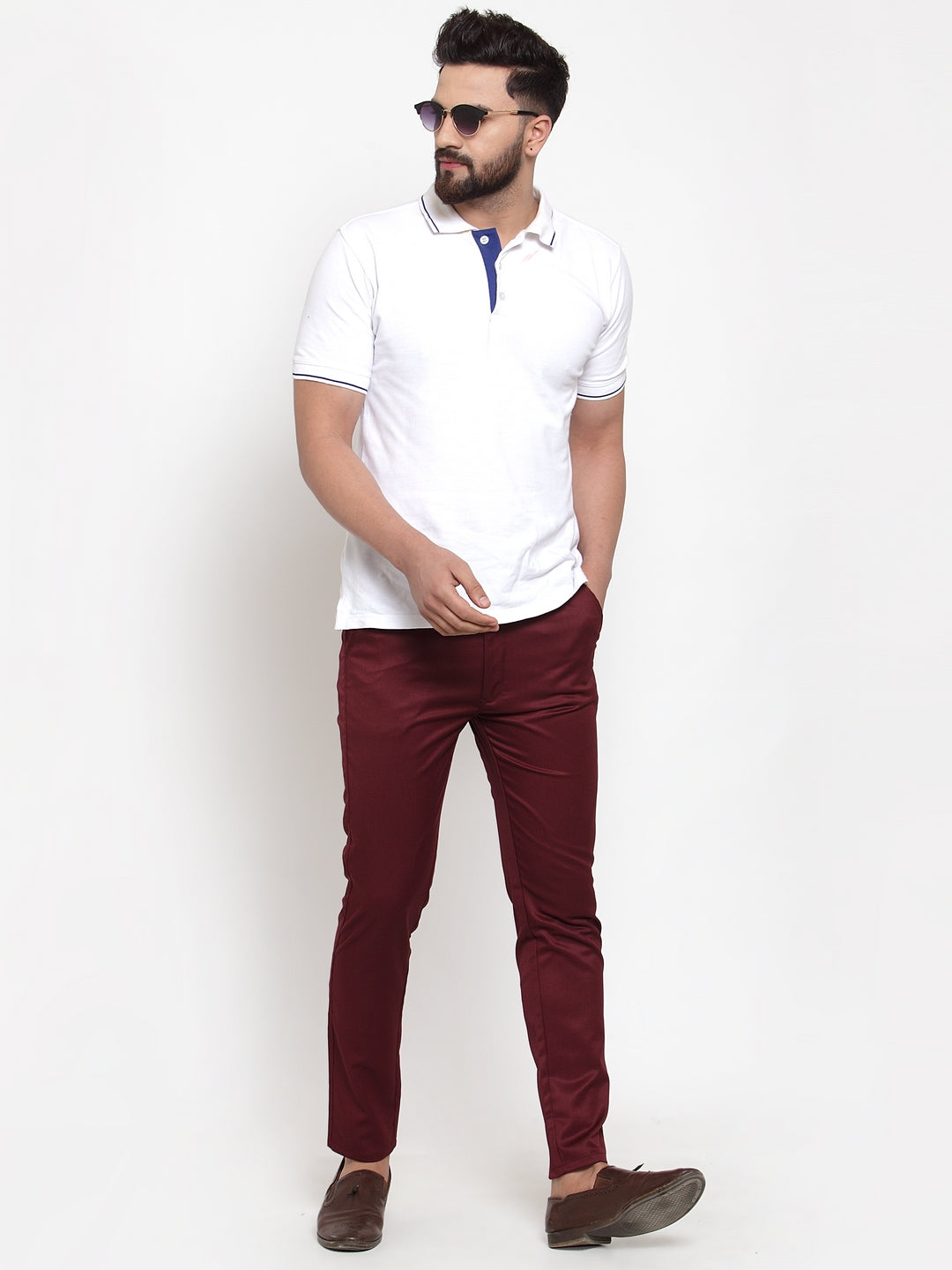 Indian Needle Men's Maroon Solid Formal Trousers