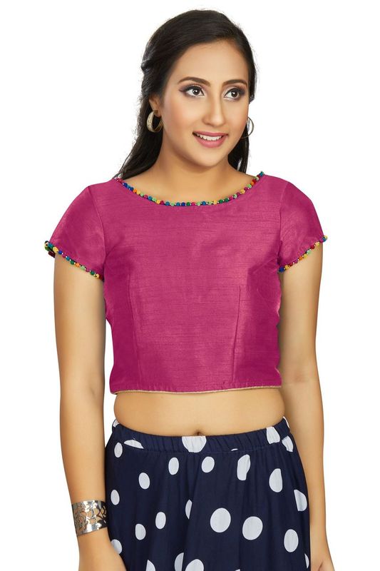 Aastha fashion Pink Art Slik Boat Neck Blouse Work Plain
