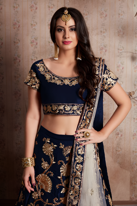 Aastha fashion blue semi velvet slik lehanga blouse fabric embroidery work