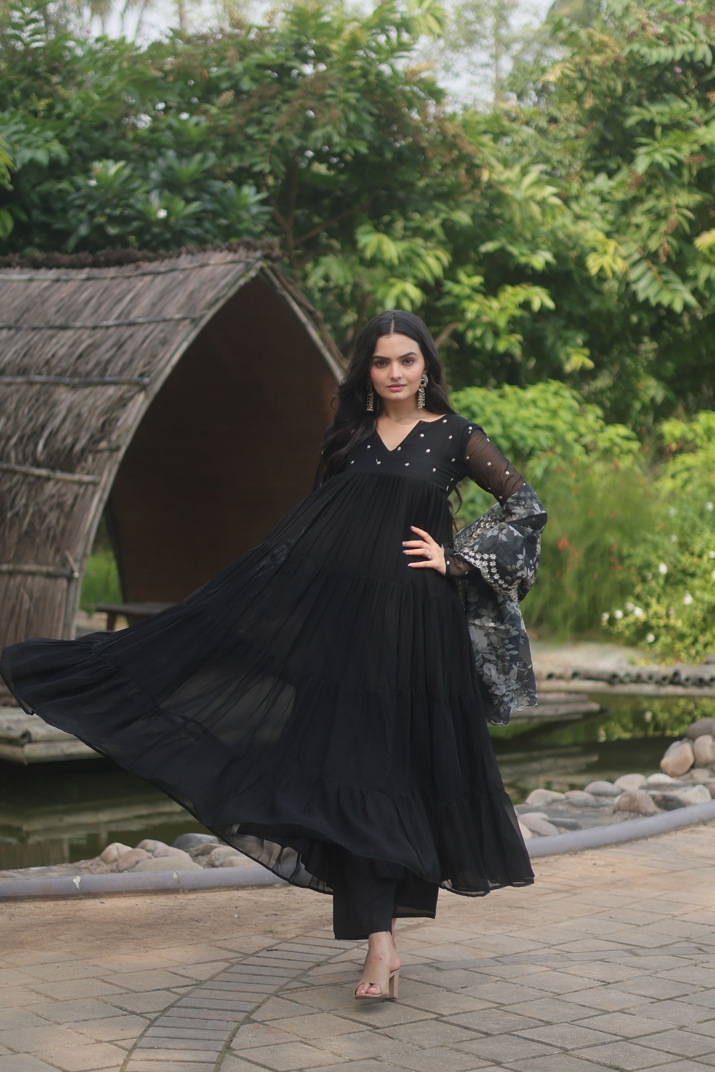 Aastha Black Faux Bloomin Soft organza with Gown Embroidered Work