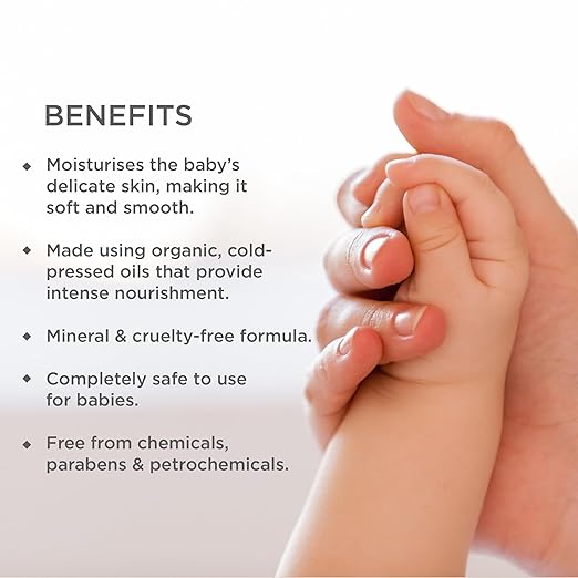 Baby hand held by an adult hand with product benefits text on a light background