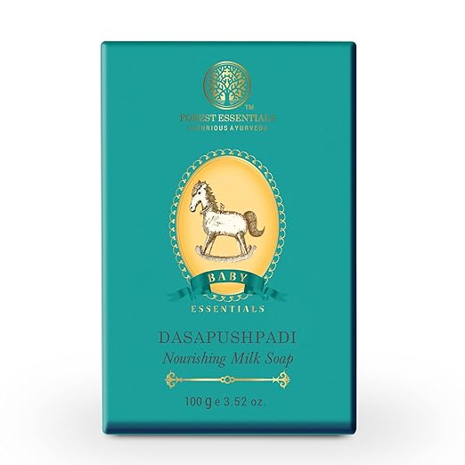 Teal box of Dasapushpadi Nourishing Milk Soap with horse illustration on a white background