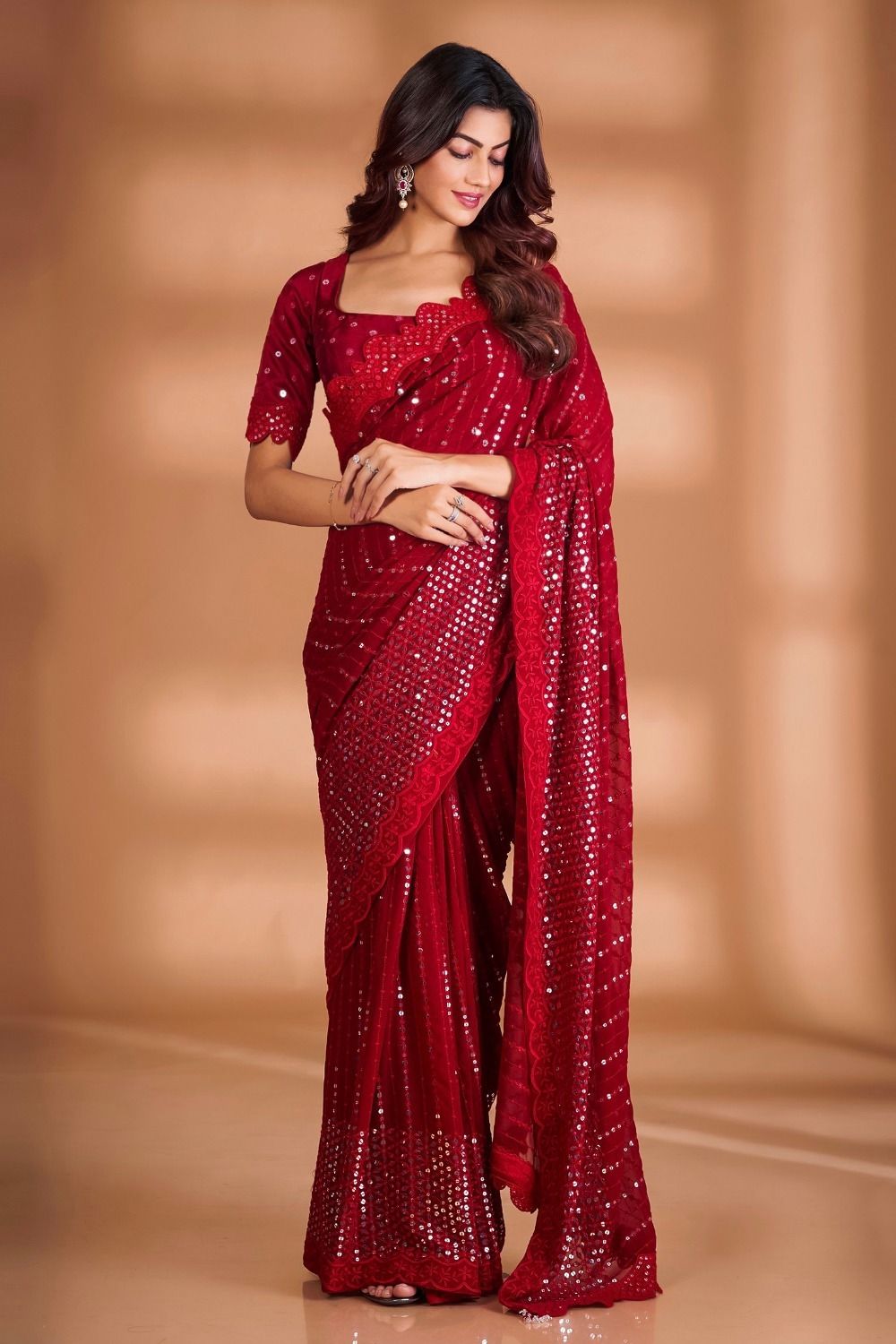 Aastha Red Heavy Georgette Fabric Sequins embroidery work in Satin Banglori Blouse fabric