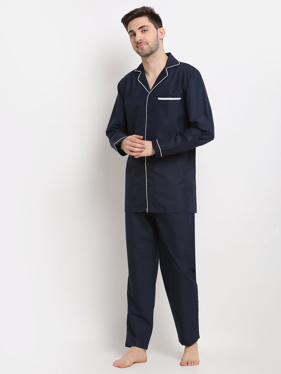 Indian Needle Men's Navy Cotton Solid Night Suits