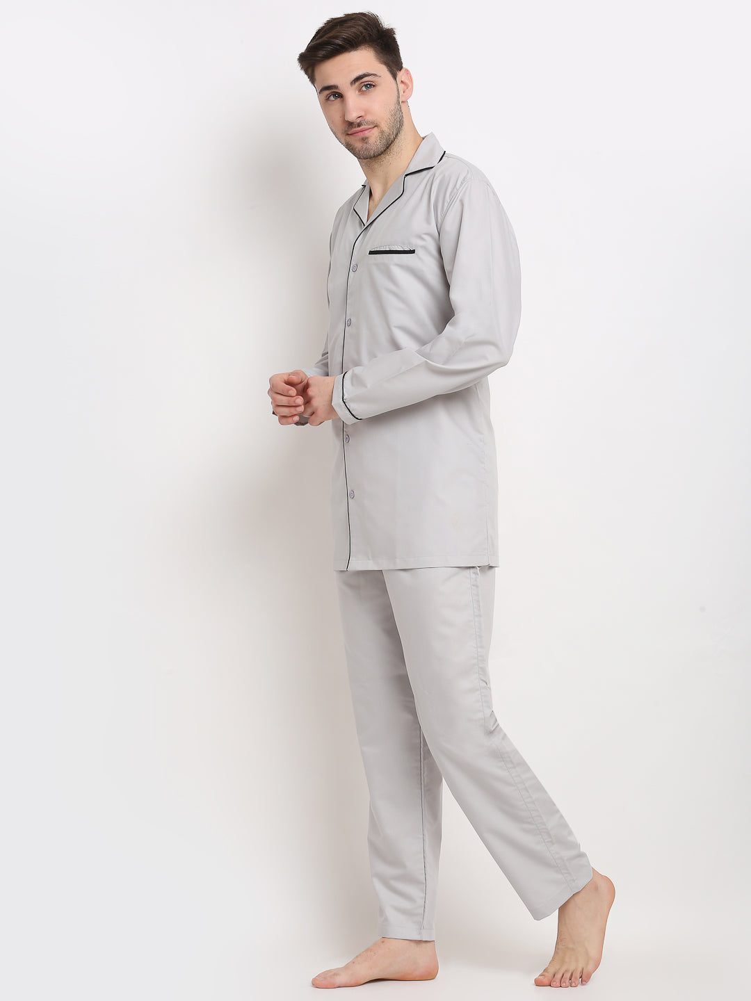 Indian Needle Men's Steel-Grey Cotton Solid Night Suits