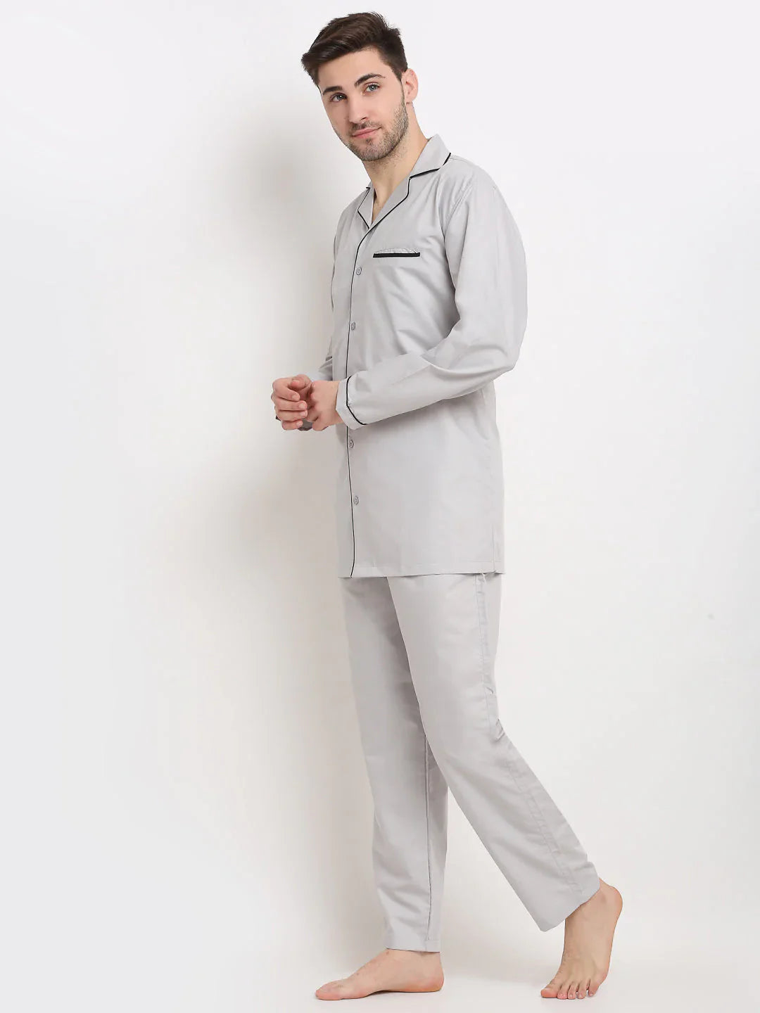 Jainish Men's Steel-Grey Cotton Solid Night Suits ( GNS 003Steel-Grey )