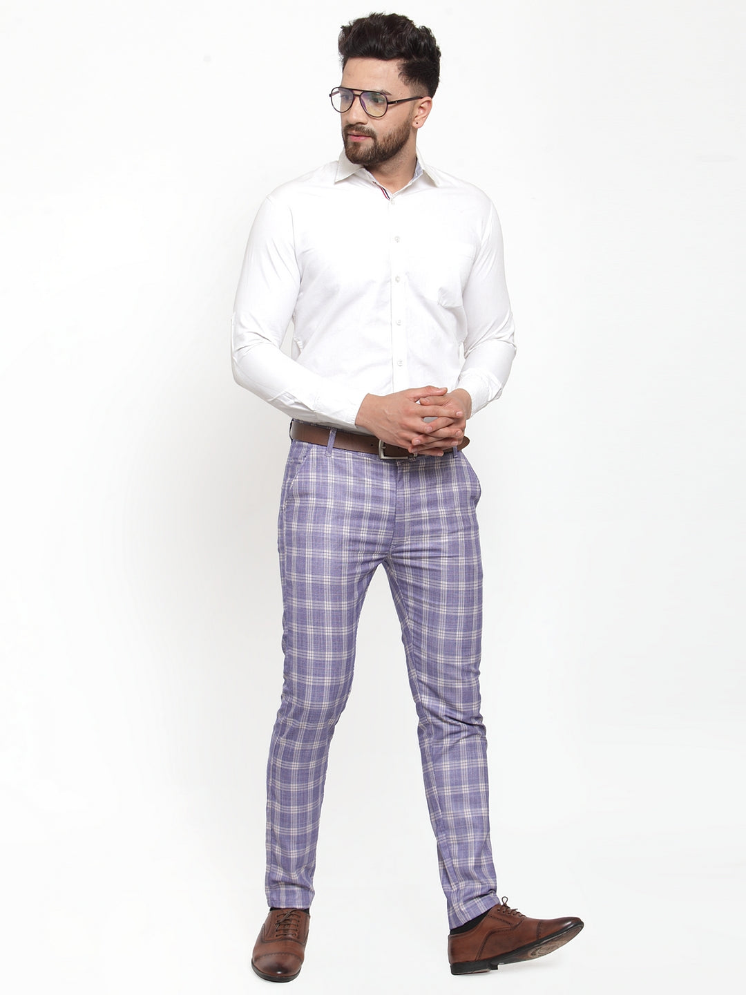 Indian Needle Men's Blue Checked Formal Trousers