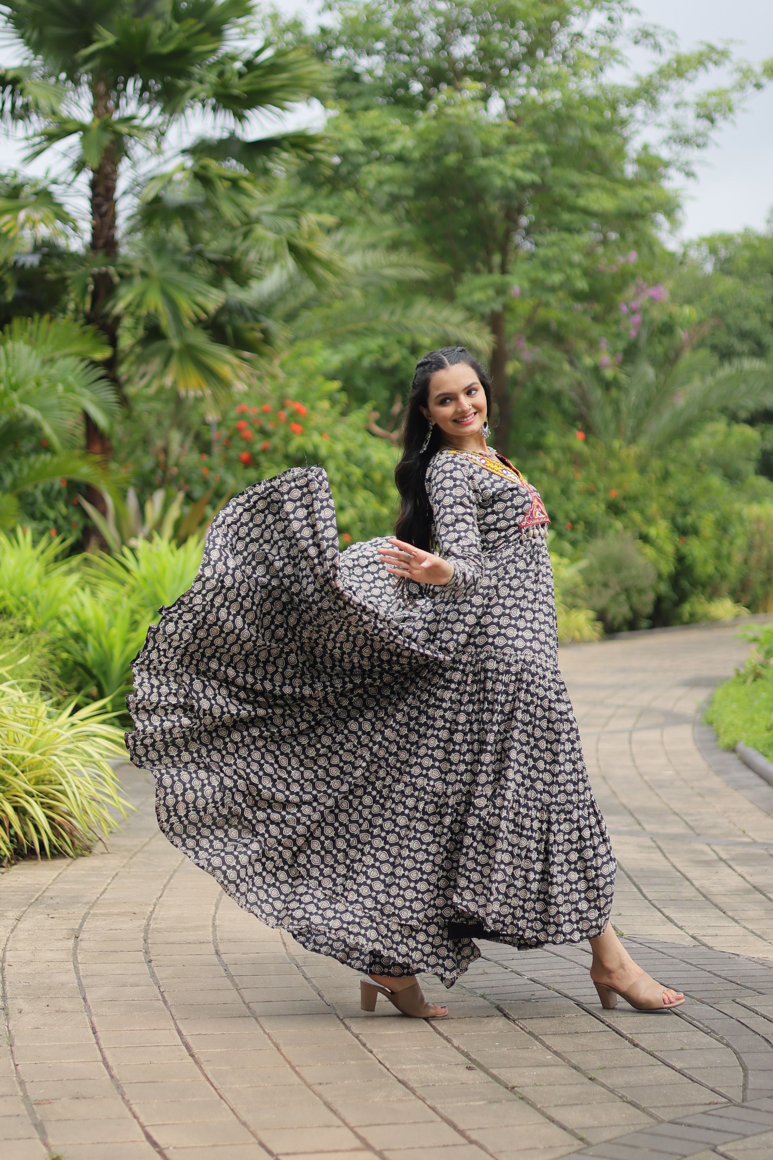 Aastha Black Cotton with Gown fabric Printed Cotton With Kutchi Gamthi Work and Kodi Lace