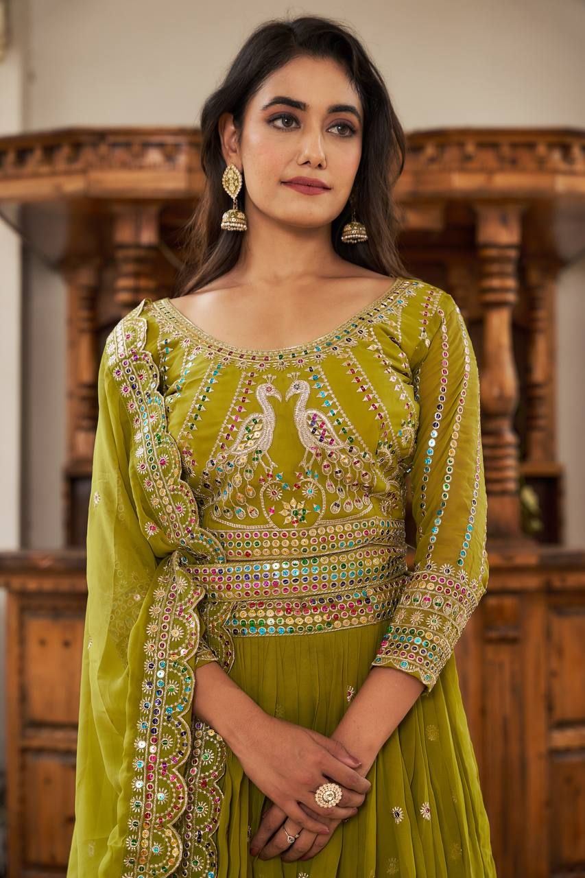 Aastha fashion Green Fox Georgette lehanga blouse fabric Embroidery 7mm multi Sequence Work with belt