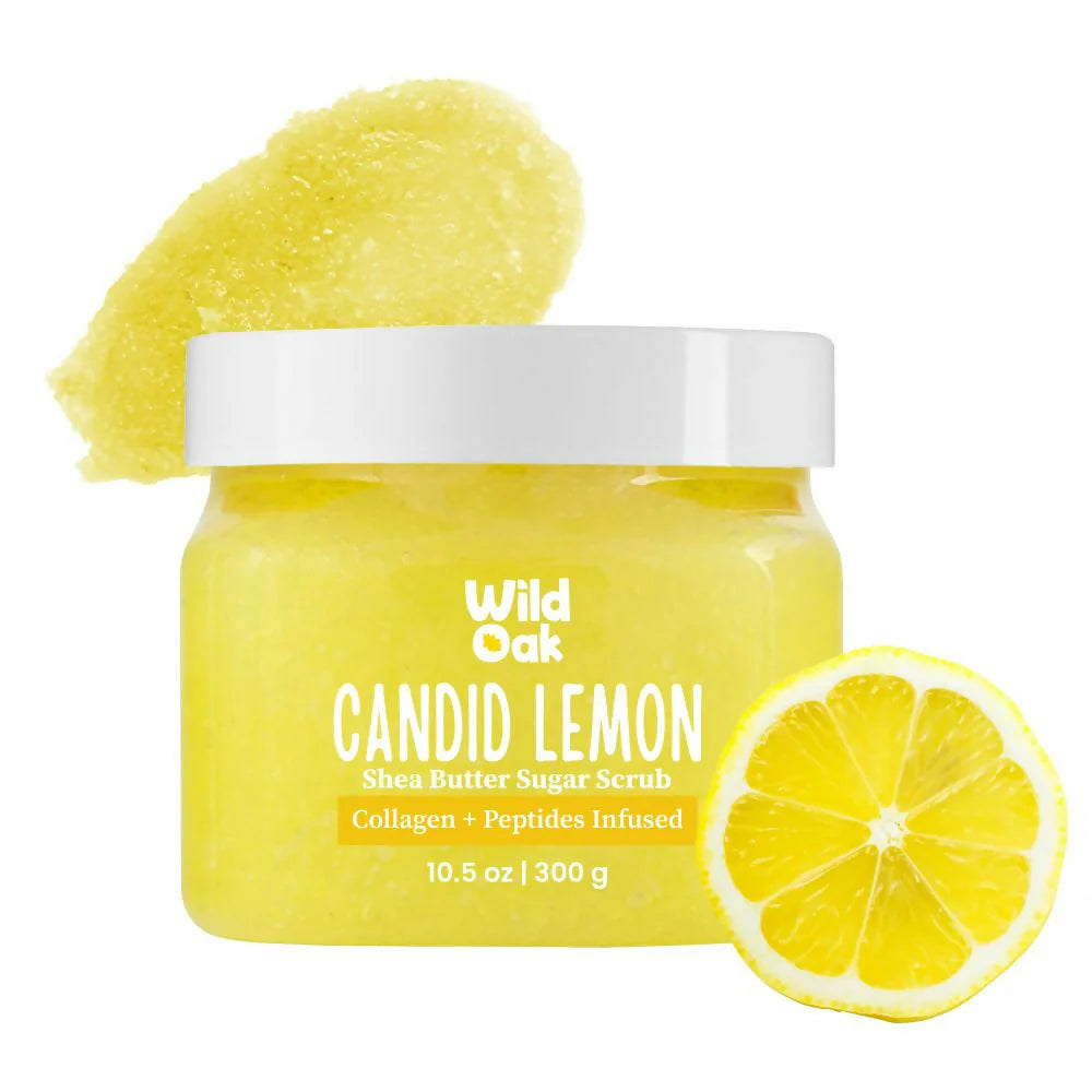 WildOak Candid Lemon Shea Butter Sugar Scrub | 300gm | With Niacinamide, Vegan Collagen & Peptides | Tan Removal & Smooth Skin | Removes Dead Skin | Ultra Hydrating, Exfoliating & Moisturising Sugar Body Scrub