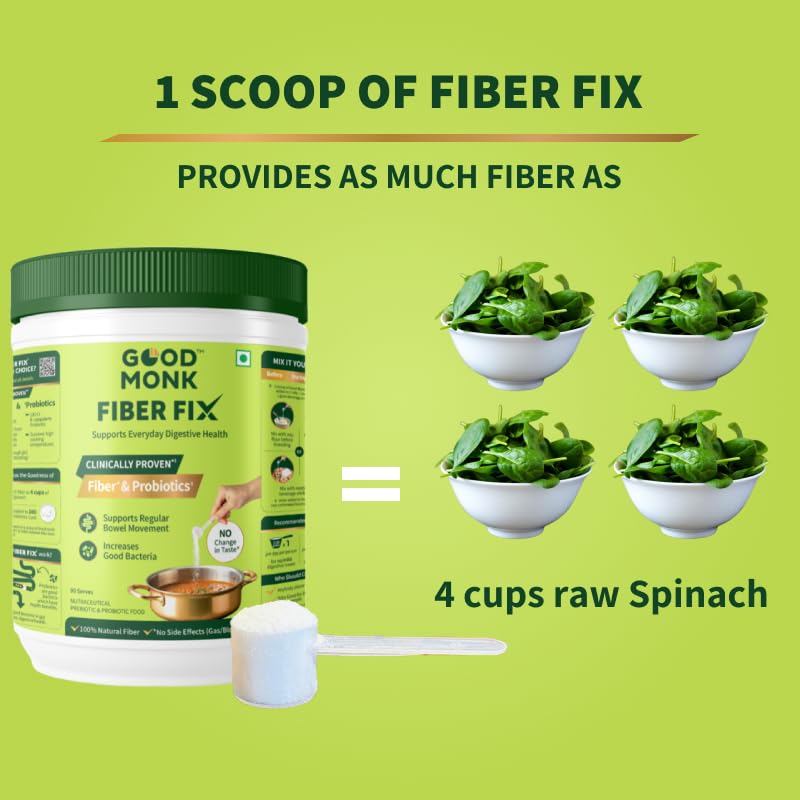 Good Monk Fiber Fix | Constipation, Bloating & Gas Relief | Everyday Prebiotic Soluble Natural Fibre Supplement Powder + Probiotic | Isabgol / Psyllium Husk Free