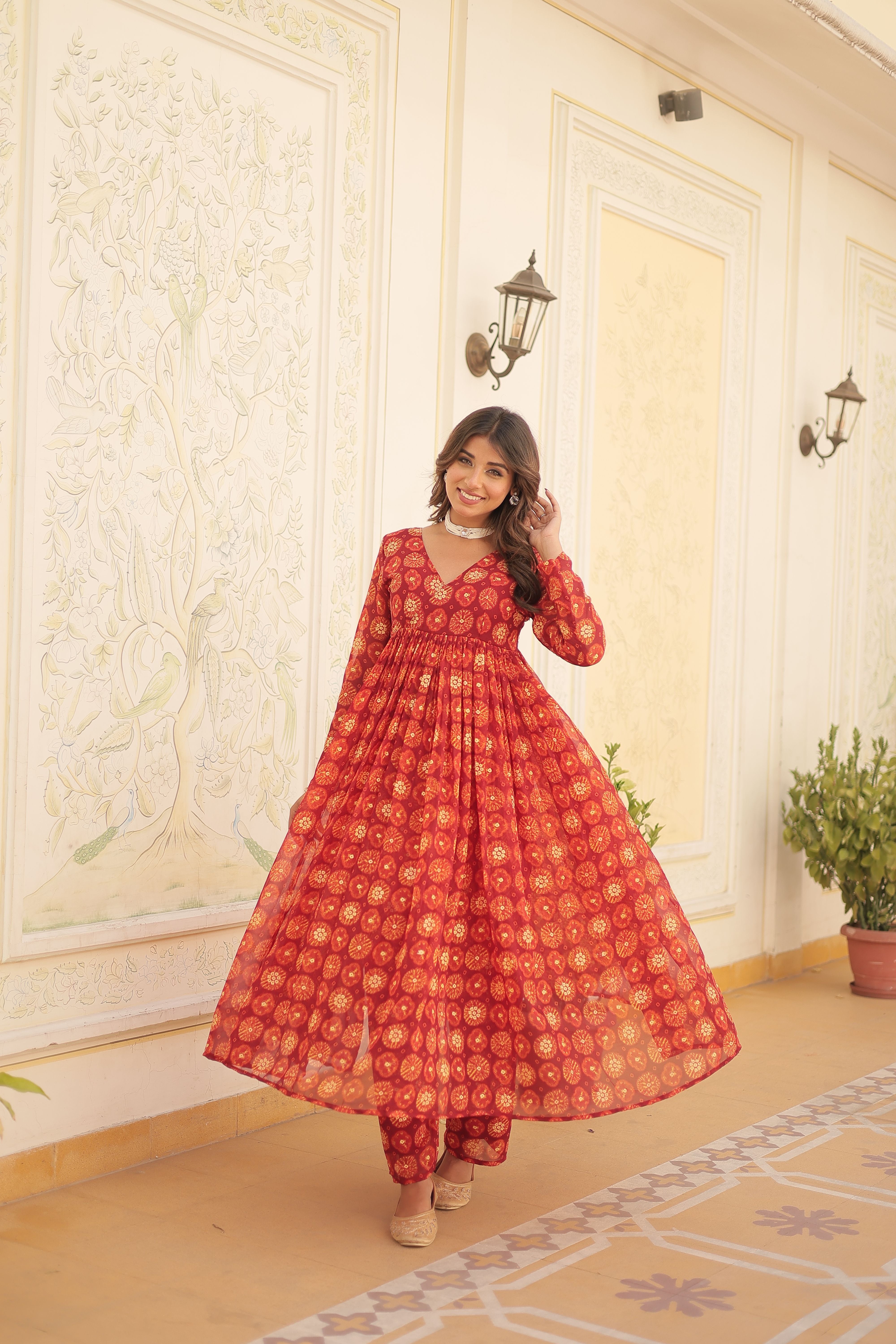 Aastha Red Faux Georgette with Gown fabric