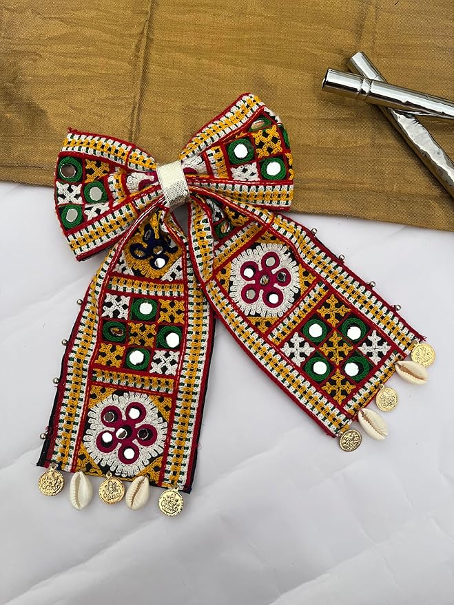 Handmade Navratri Hair Bow Juda Pin for Women & Girls | Traditional Garba Hair Accessory with Mirror Work, Cowrie Shells & Coins | Ethnic Hair Clip for Dandiya & Festive Outfits