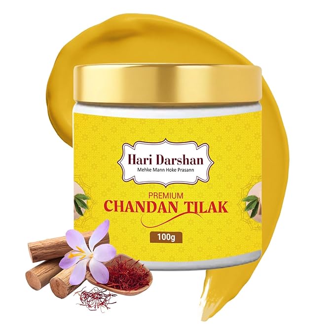 Jar of Hari Darshan Chandan Tilak with yellow lid and label on a white background