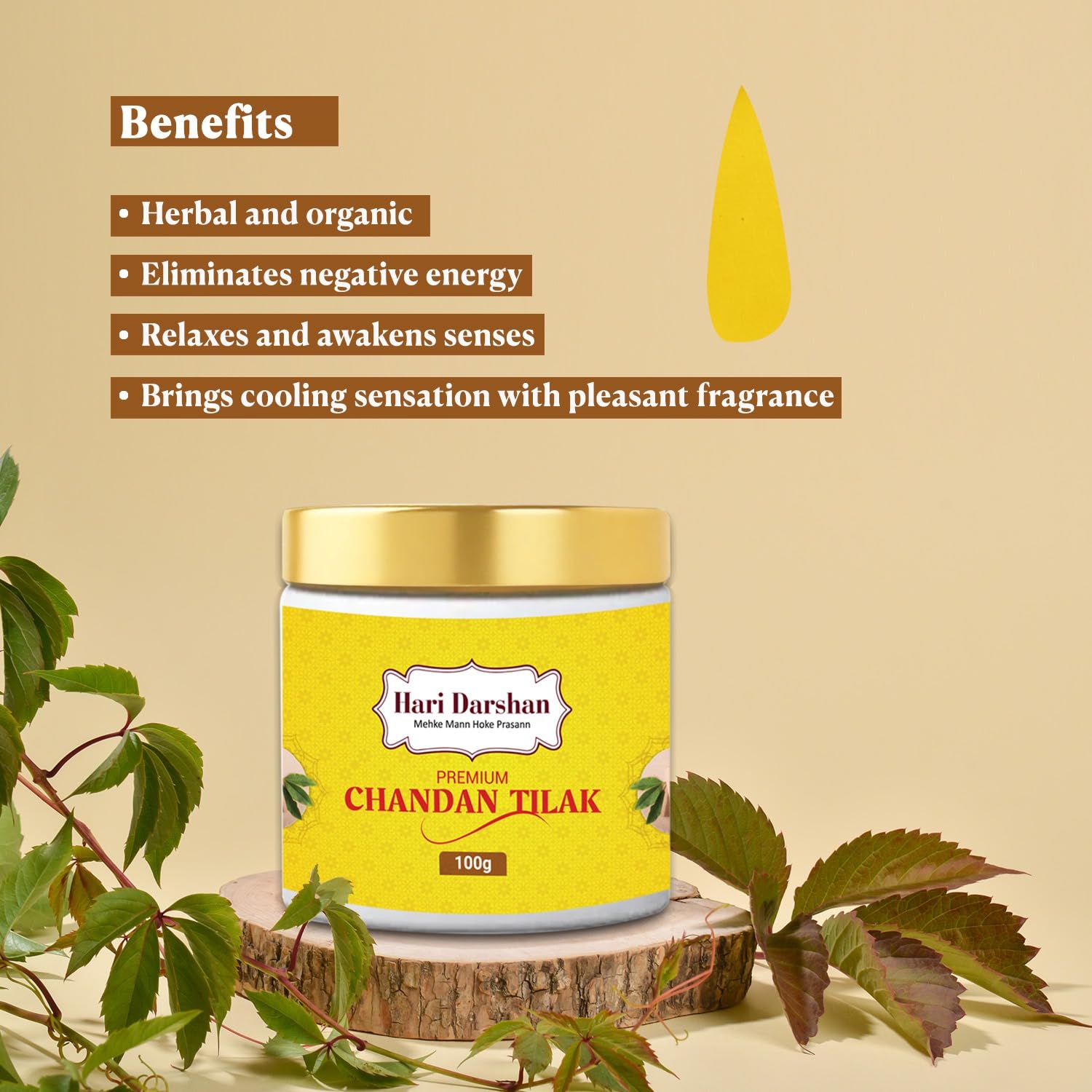 Hari Darshan Premium Chandan Tika | Herbal & Pure Sandalwood Paste with Gangajal, Mint, Saffron & Clove | Safe for Skin | Long-Lasting Fragrance | Ideal for Daily Pooja, Tilak & Hawan | 100g