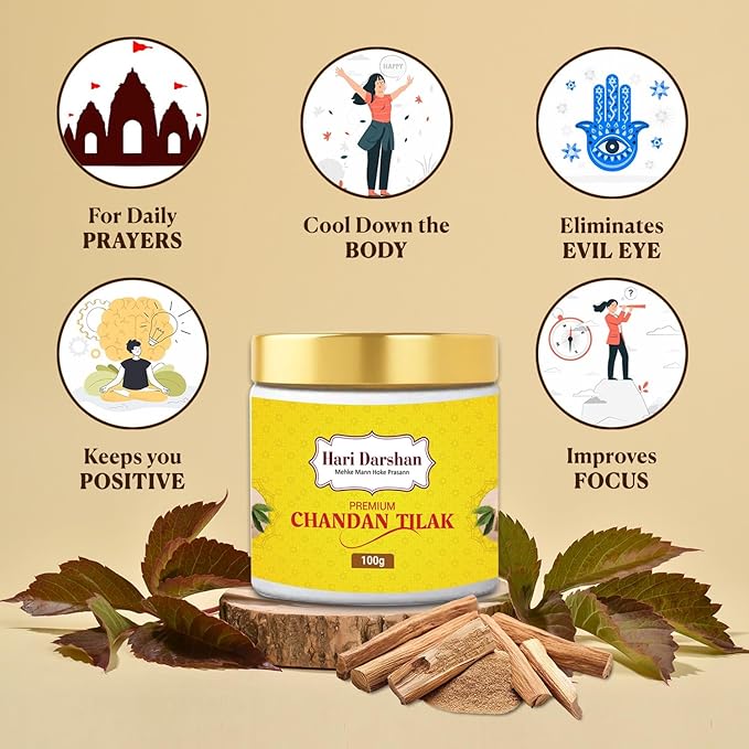Hari Darshan Premium Chandan Tika | Herbal & Pure Sandalwood Paste with Gangajal, Mint, Saffron & Clove | Safe for Skin | Long-Lasting Fragrance | Ideal for Daily Pooja, Tilak & Hawan | 100g