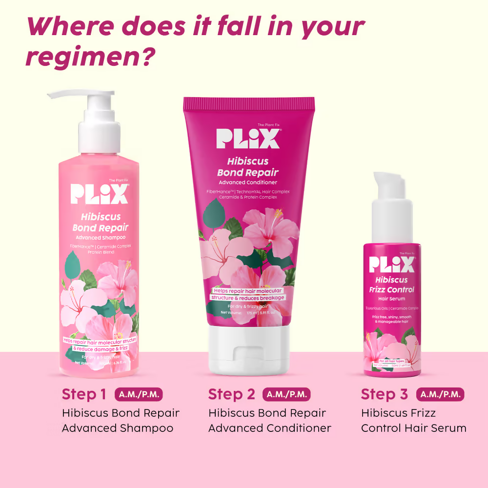PLIX The Plant Fix Hibiscus Frizz Control Hair Serum + Bond Repair Advanced Shampoo