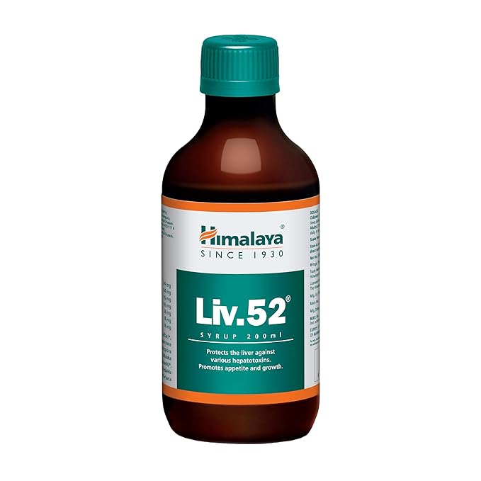 A 200ml amber glass bottle of Himalaya Liv.52 Syrup with a teal cap and a white, green, and orange label, shown on a plain white background.