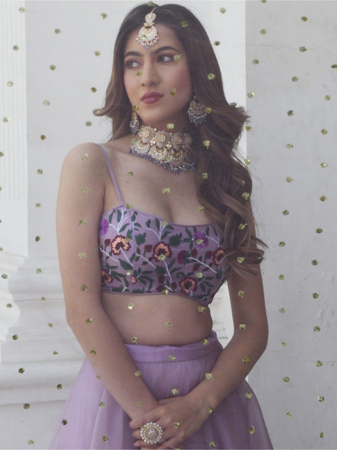 Aastha fashion Lavender Organza lehanga blouse fabric Floral Digital Print with Embroidery Work