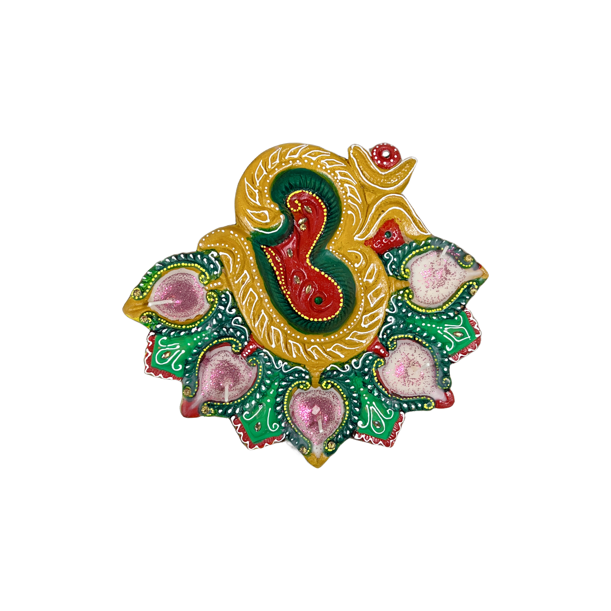 Colourful 5 Diya Plate OM Shape with Wax
