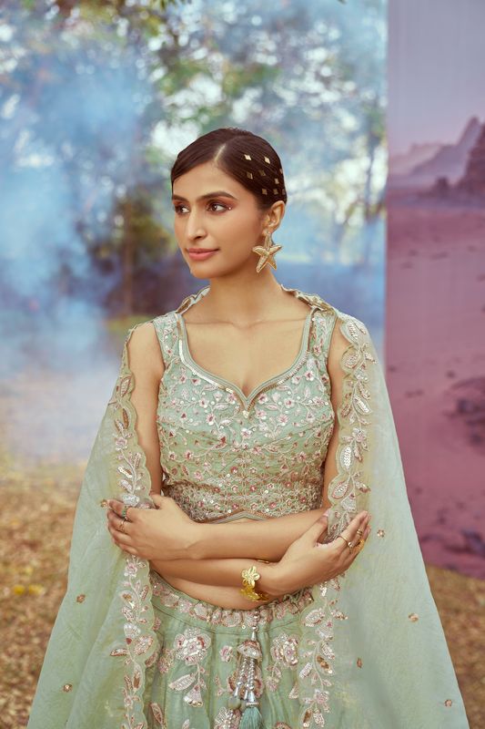 Aastha fashion Limegreen Oreganza lehanga blous Embroidery Work