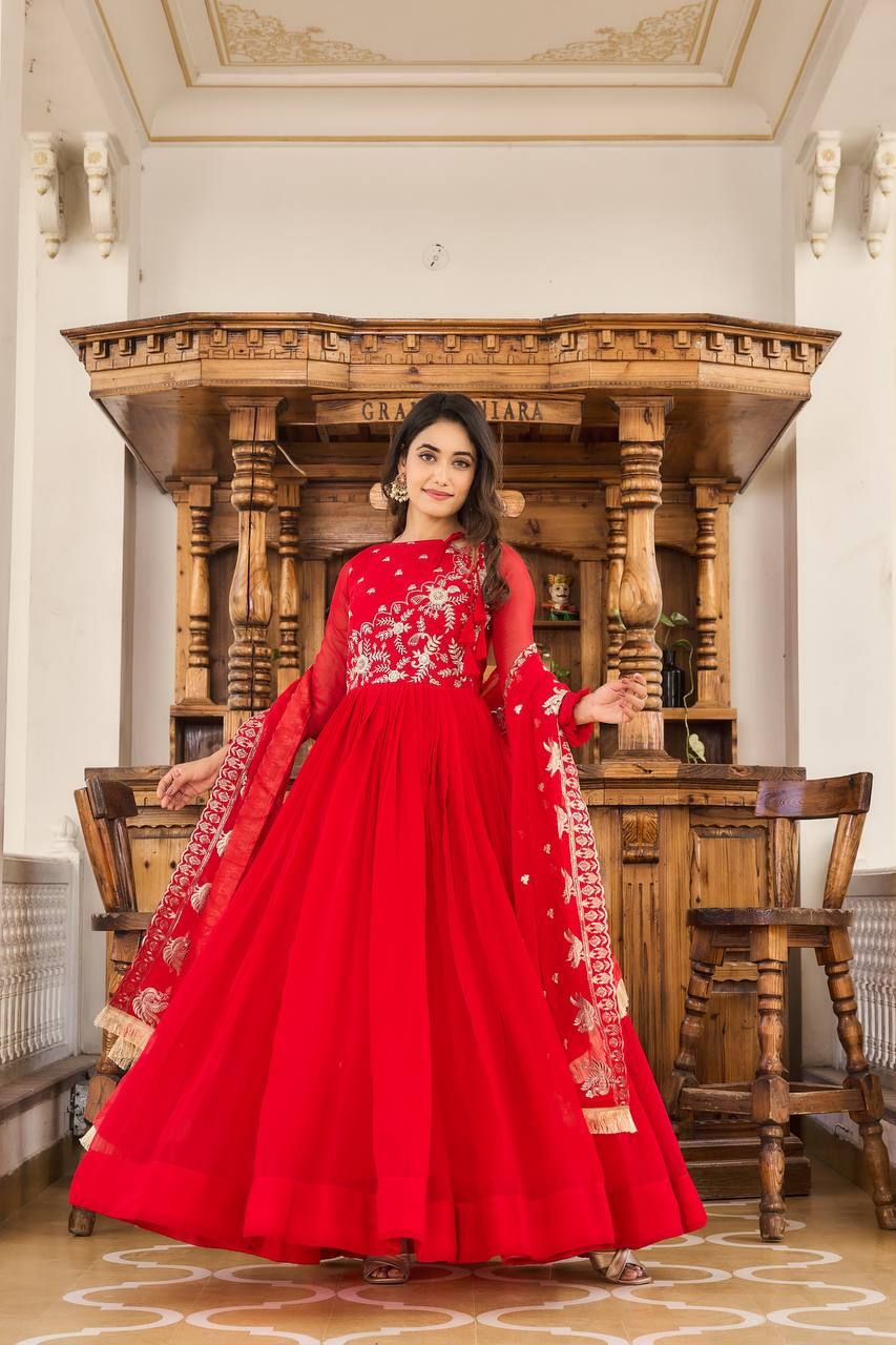 Aastha Red Fox Georgette with Gown Fabric Heavy 3mm sequence Embroidery Work