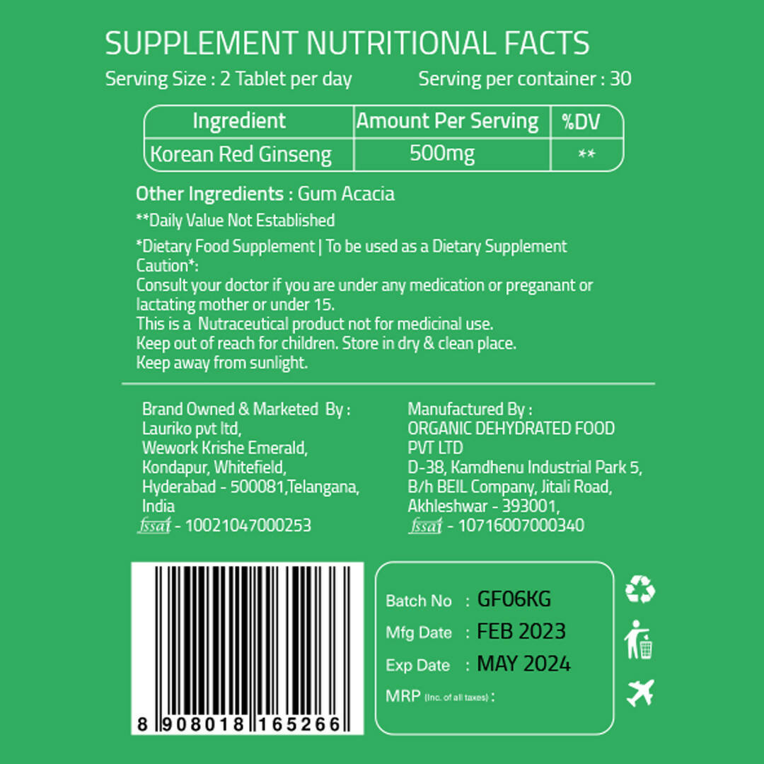 Laurik Koren Red Ginseng 1000Mg Tablets For Men | Natural Plant-Based Supplement For Energy & Stamina