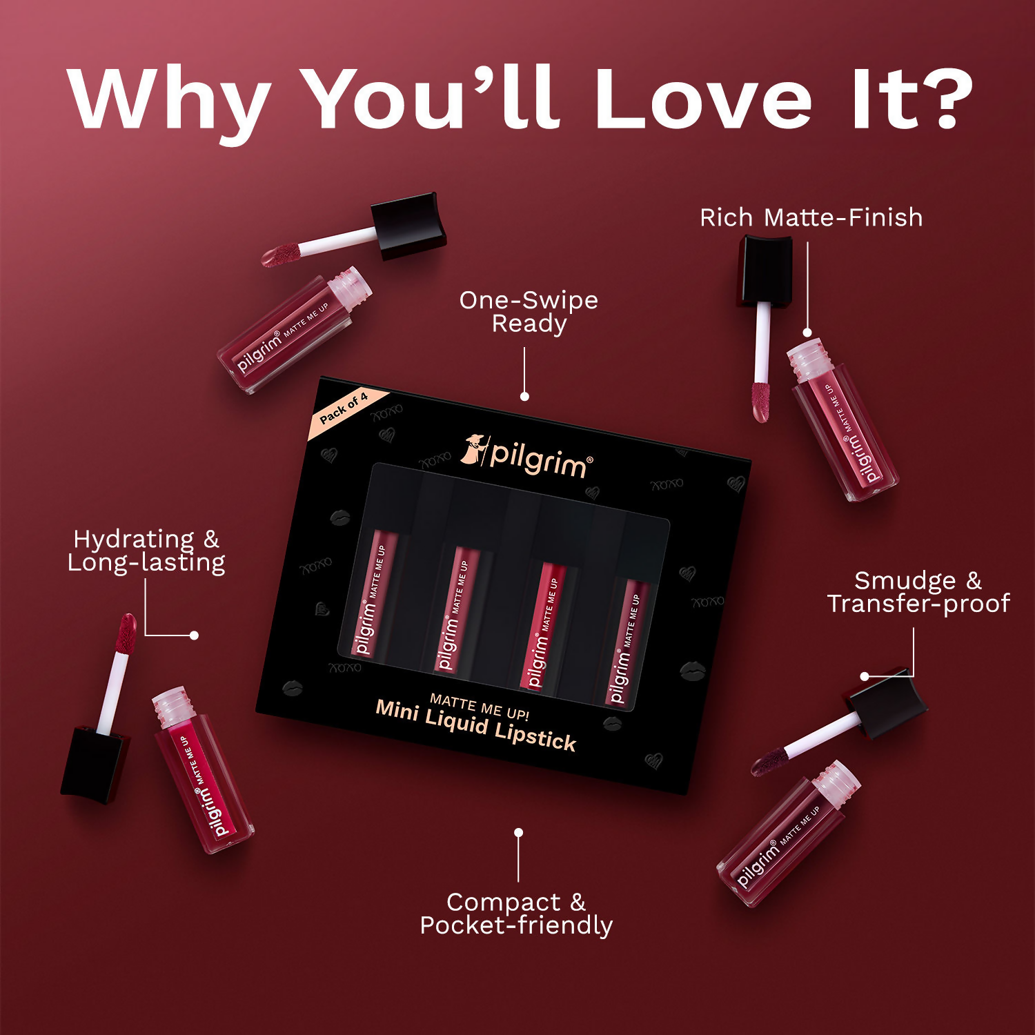 Pilgrim Matte Mini Liquid Lipstick 4 In 1 Pack Smudgeproof, Hydrating & Lightweight - The Pink Sin