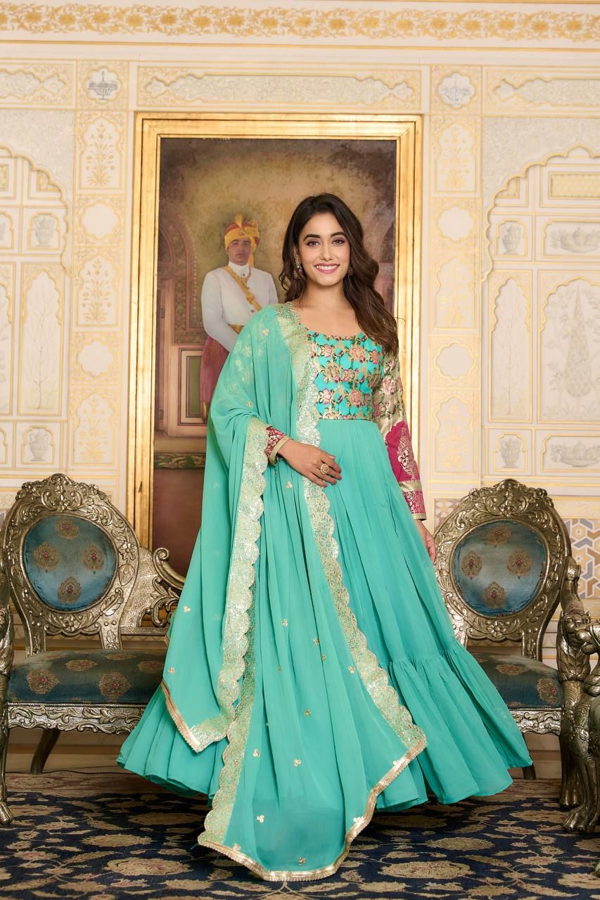 Aastha Sea Green Fox Georgette with Micro Cotton pure zecard work