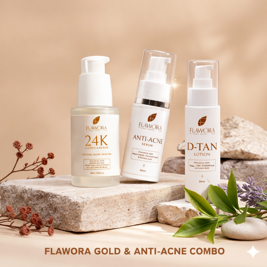 Flawora Set of D-Tan Lotion, Anti Acne Serum and Golden Glow Face Serum