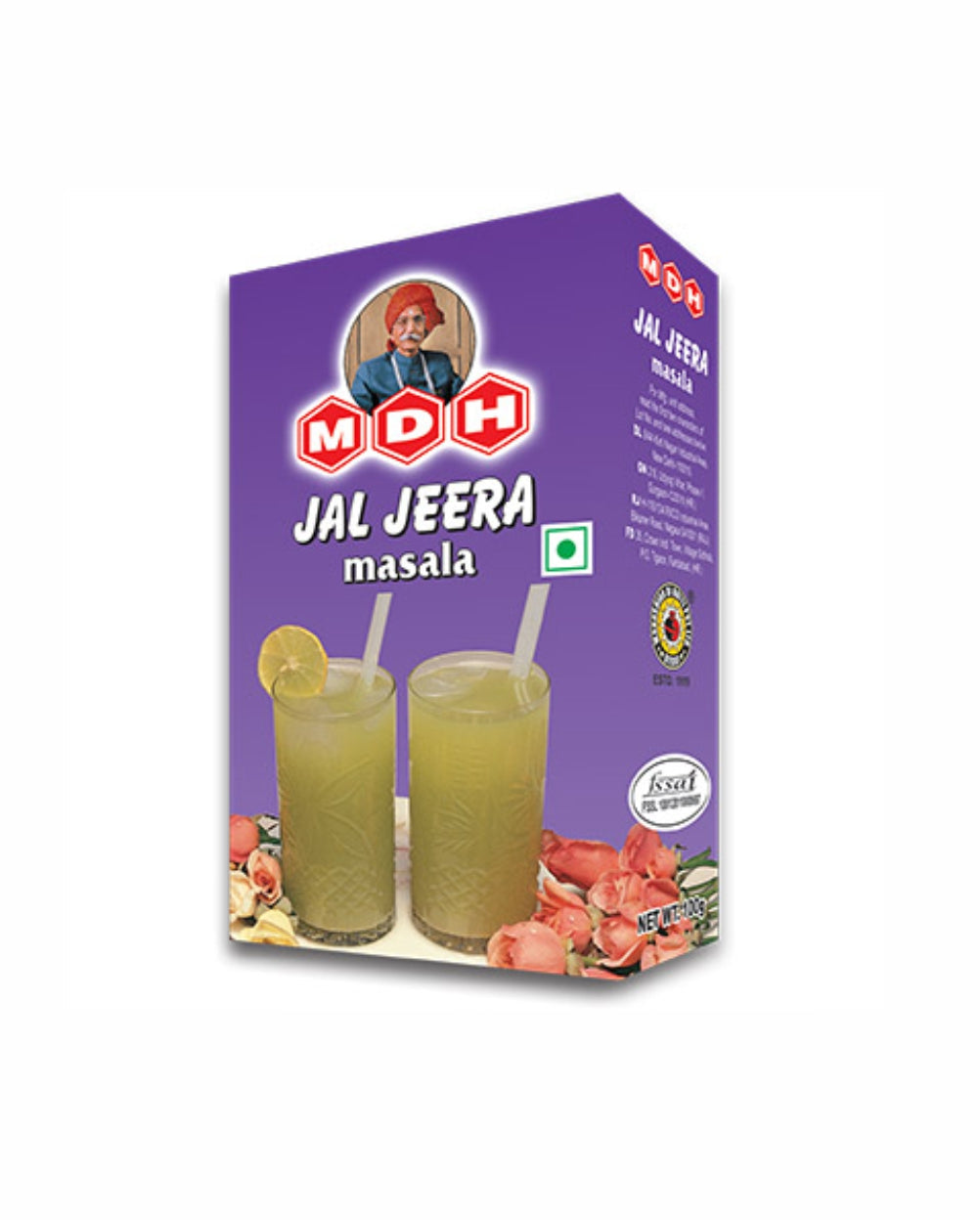 Box of MDH Jal Jeera masala with images of drinks and ingredients on a white background