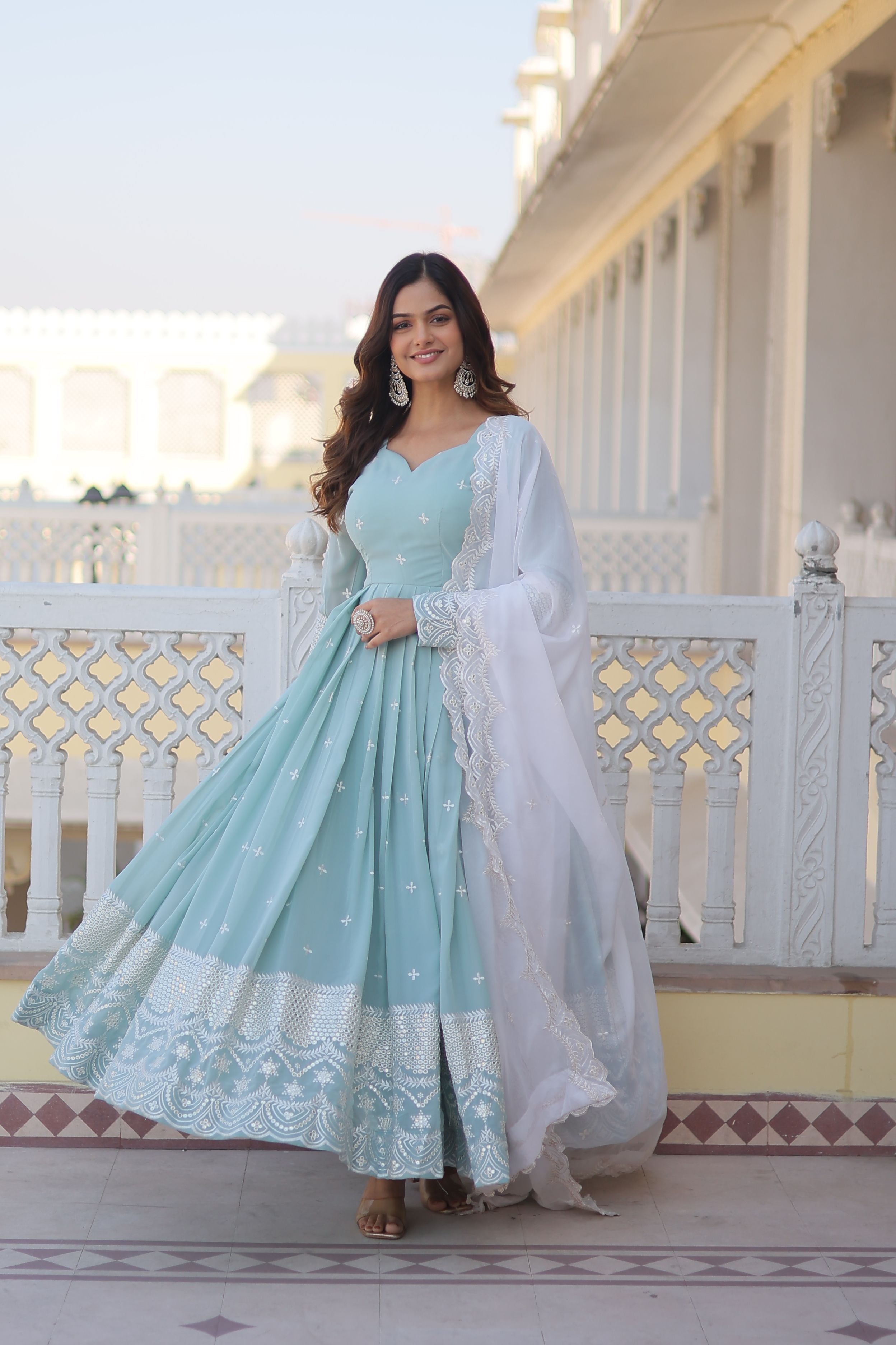 Aastha Sea Green Faux Georgette Russian Silk with Gown Embroidered