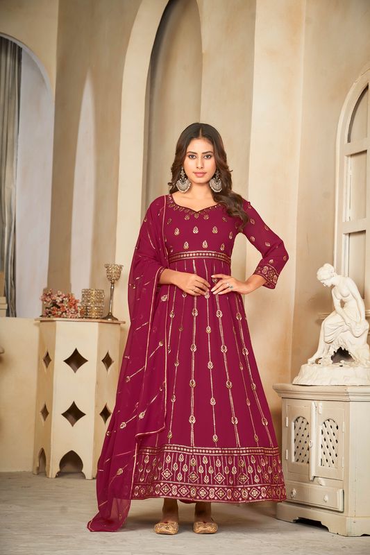 Aastha Dark pink with Net top fabric Santoon Net Bottom fabric