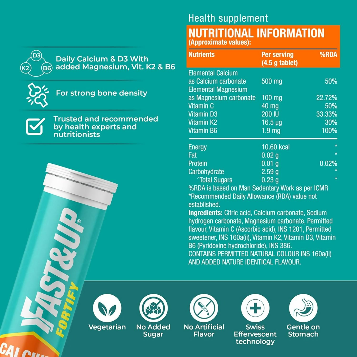 Fast&Up Fortify - Calcium with Essential Vitamin D3 Tablets - Orange Flavour