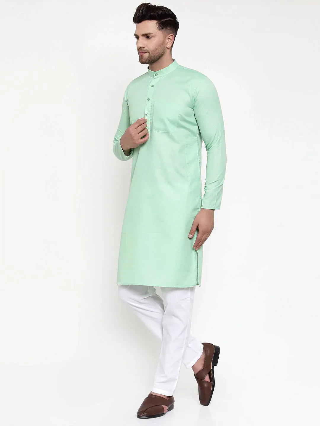 Jompers Men Green & White Solid Kurta Only ( KO 611 Green )
