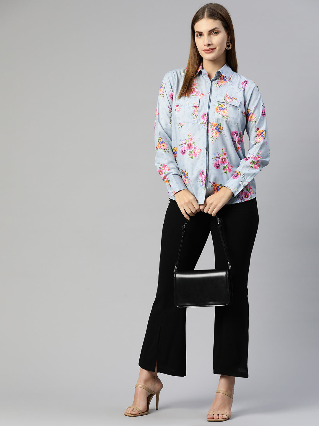 Women Floral Double Pocket Shirt Style Top