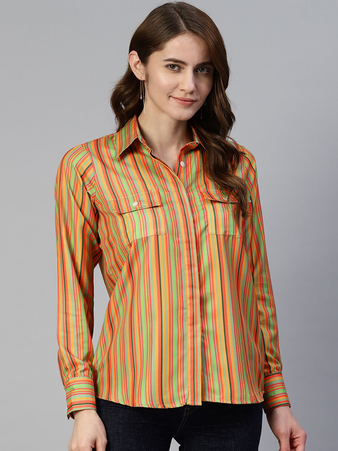 Women Striped Double Pocket Shirt Style Top