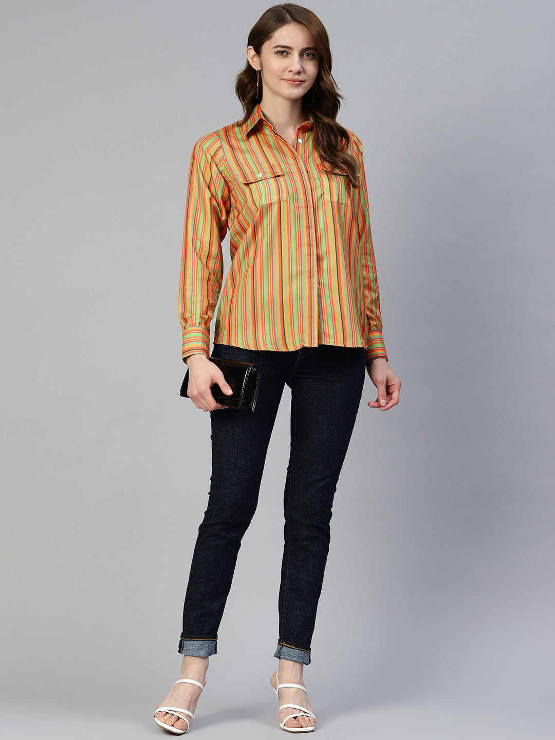 Women Striped Double Pocket Shirt Style Top