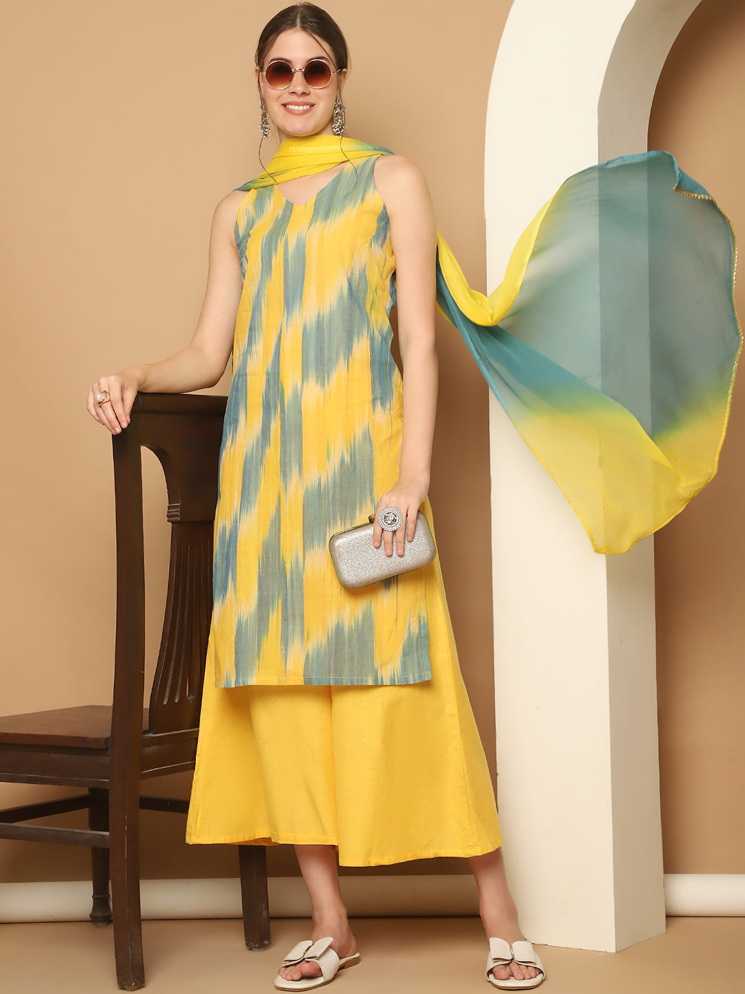 Woven Design Yellow Cotton Kurta with Palazzos & With Dupatta ( JOKPL D65YG 1561 Yellow )