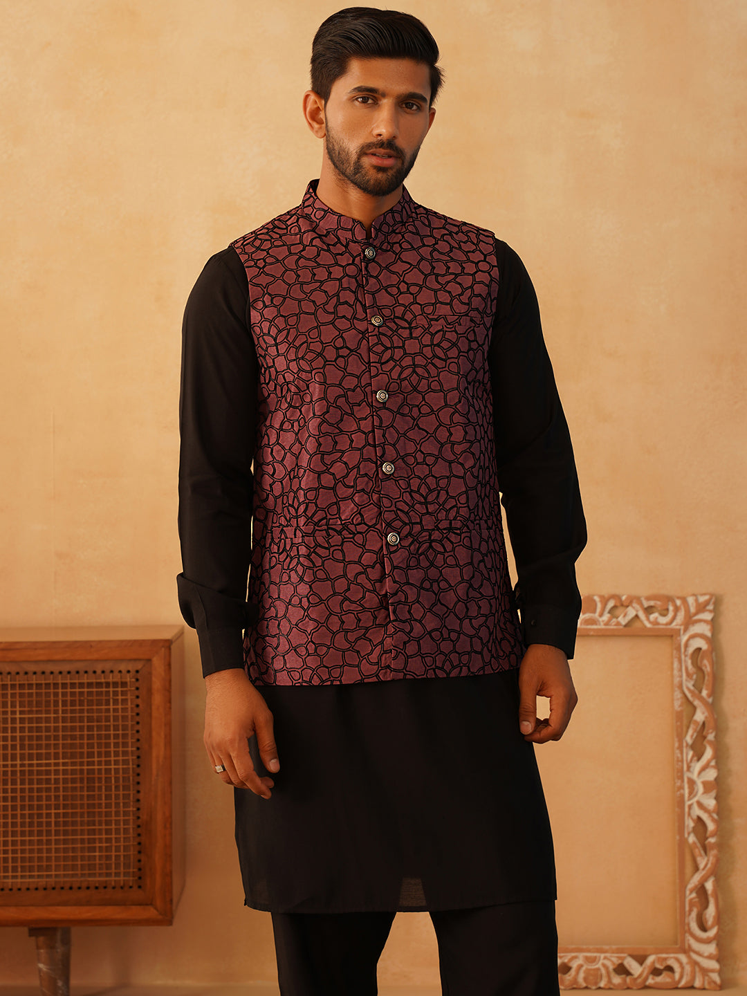 Embroidered Nehru Jacket With Solid Kurta Pyjama Set