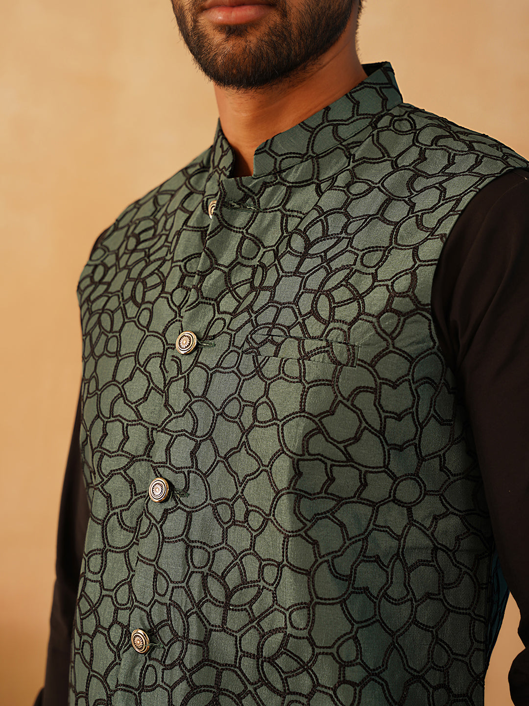 Embroidered Nehru Jacket With Solid Kurta Pyjama Set