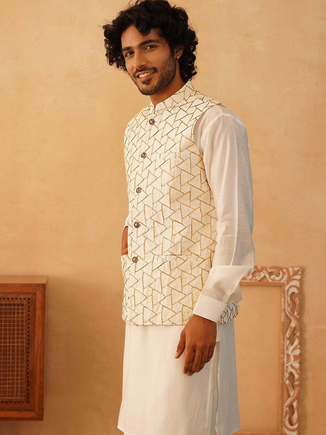 Embroidered Nehru Jacket With Solid Kurta Pyjama Set