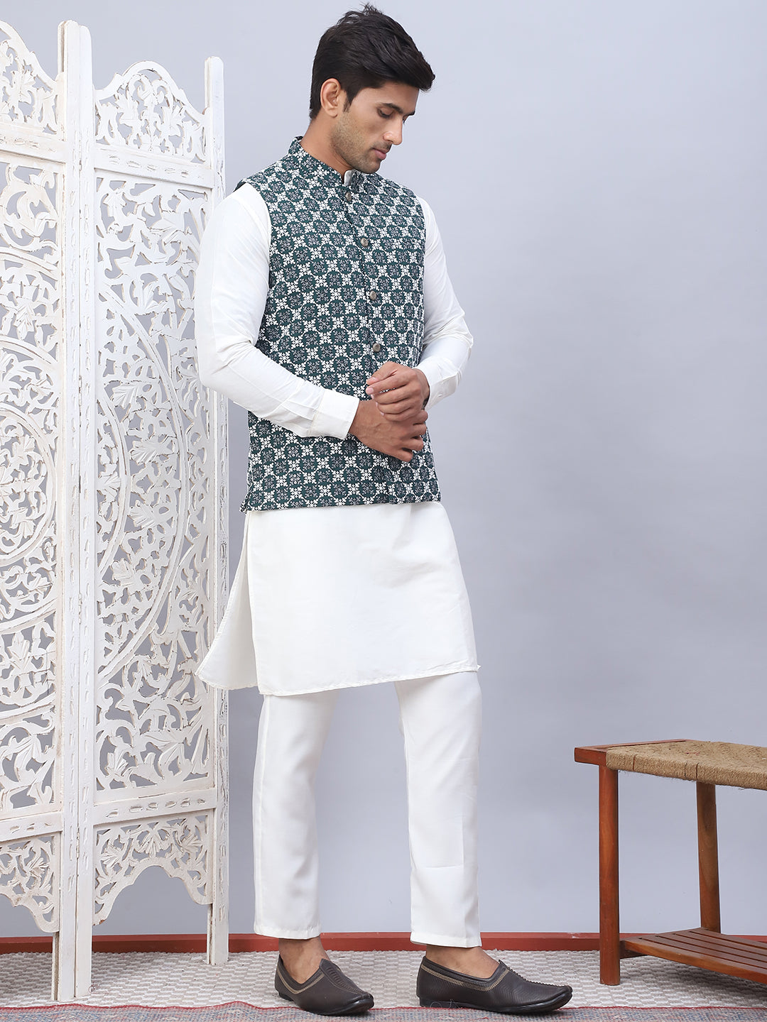 Embroidered Nehru Jacket With Solid Kurta Pyjama Set