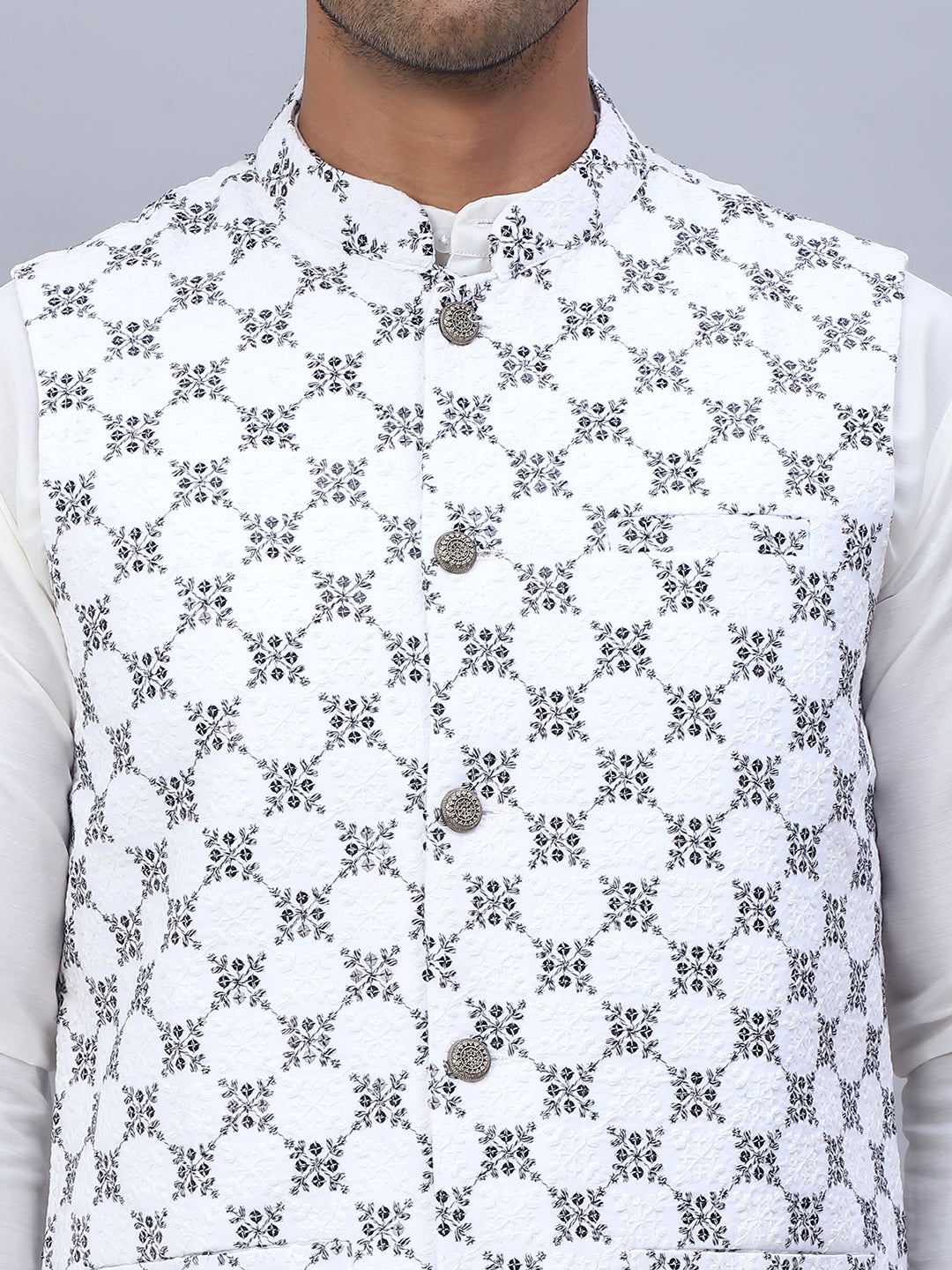 Embroidered Nehru Jacket With Solid Kurta Pyjama Set