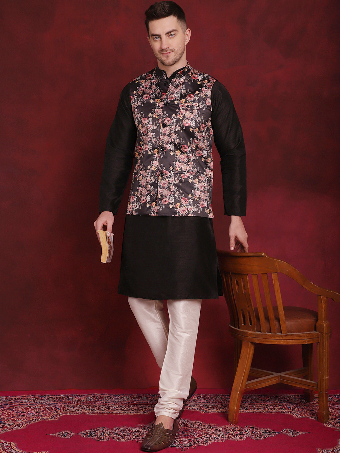 Black Floral Printed Nehru Jacket With Kurta Pyjama Set ( JOKPWC 636B 4090Black )