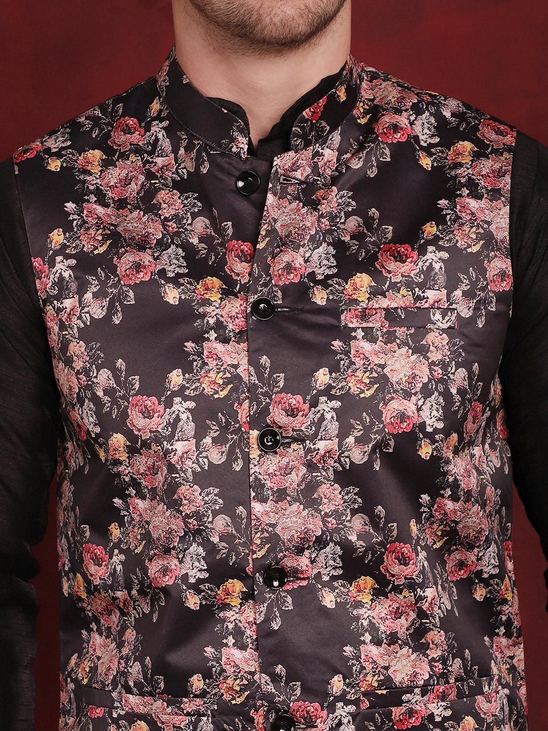 Black Floral Printed Nehru Jacket With Kurta Pyjama Set ( JOKPWC 636B 4090Black )