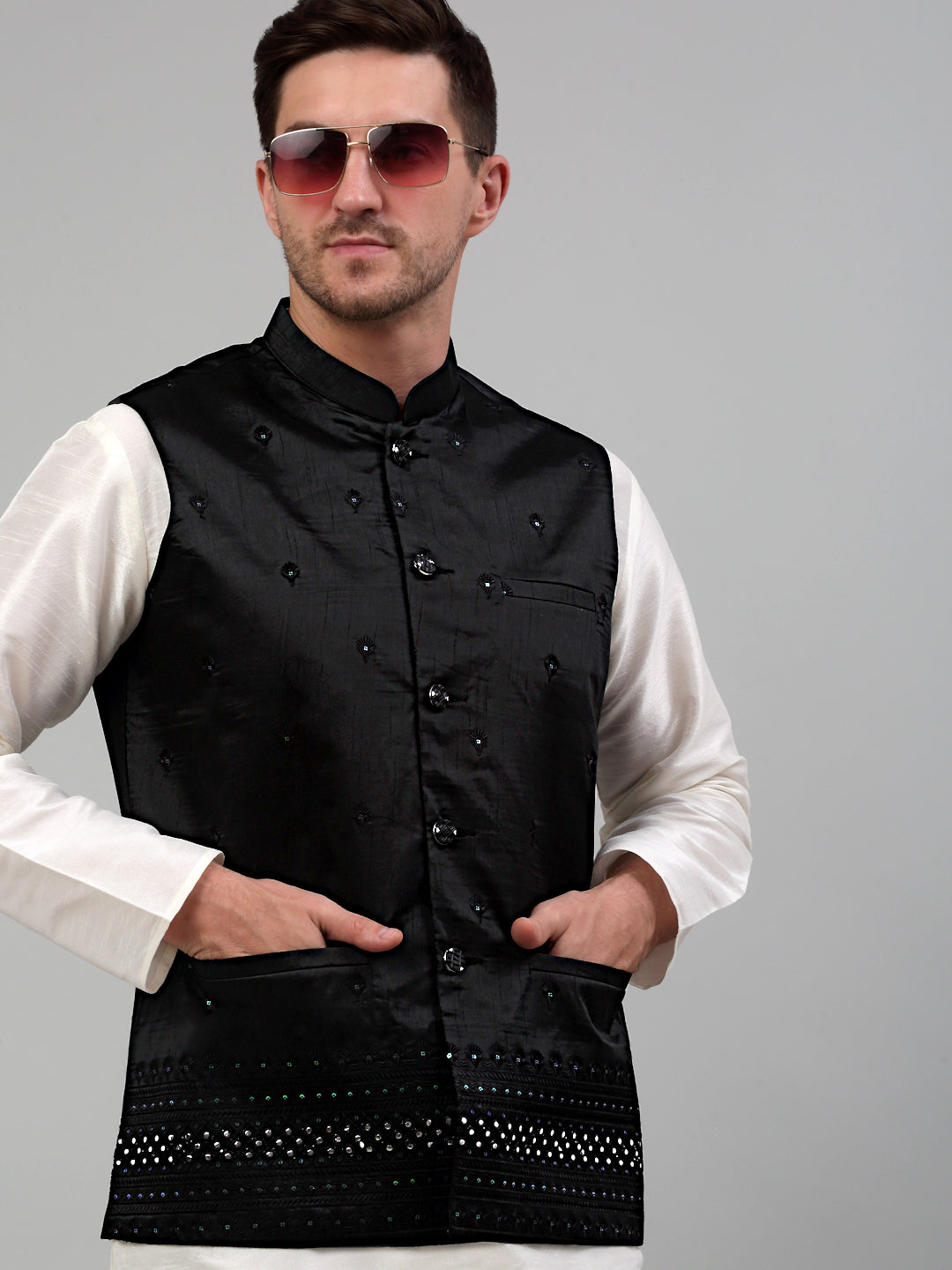 Men's Embroidered Nehru Jacket With Solid Kurta Pyjama Set.