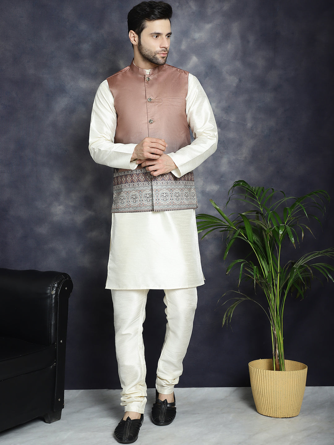 Men's Printed Nehru Jacket With Solid Kurta Pyjama ( JOKPWC 636W 4097Brown )