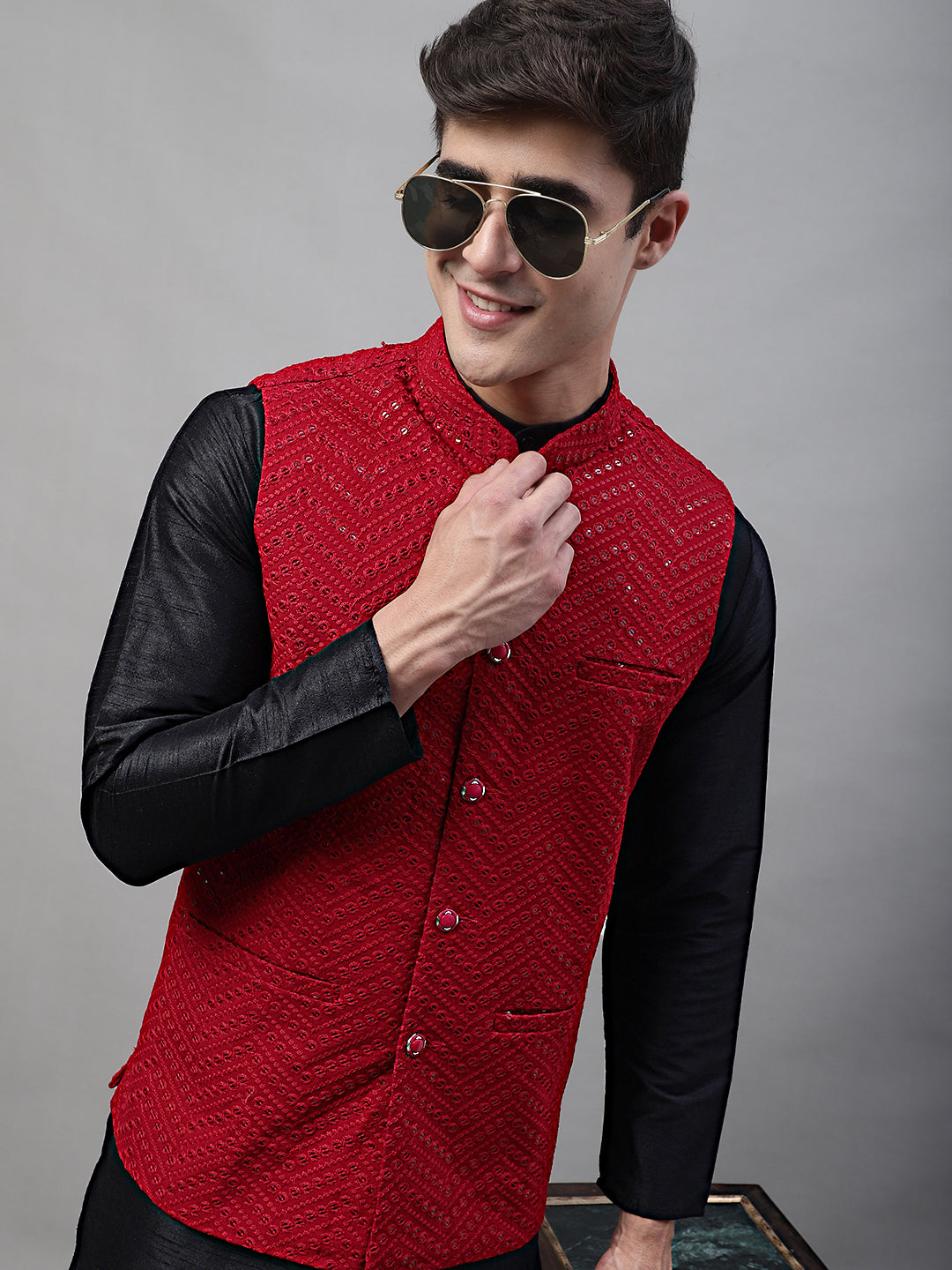Men Black Solid Kurta Pyjama with Maroon Embroidered Nehru Jacket